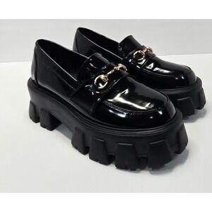 Princess Polly Black Chunky Platform Loafers Lug Sole Gold Hardware Size 7